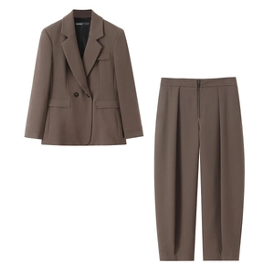 Blazer Croisé Et Pantalon Fuselé À Taille Haute Pour Femmes Couleur Unie Style Streetwear Décontracté Marron