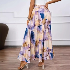 Women's high waist pleated maxi skirt featuring abstract colorful oil painting print