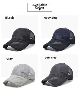 Breathable camo mesh baseball caps shown in black, navy blue, grey and dark grey colors