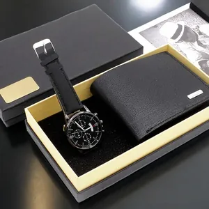 Business gift set featuring a black quartz watch with leather strap and matching wallet