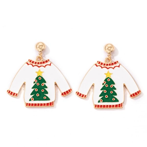 Detailed view of Christmas sweater earrings featuring green trees and festive red accents