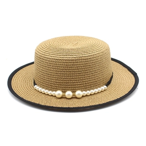 French style straw boater hat with pearl trim and black edge for women's summer fashion
