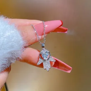 Hamsa Hand necklace with heart-shaped diamond and cubic zirconia in silver steel