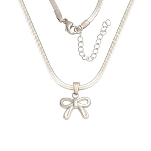 Detail of silver bow pendant on a sleek snake chain with lobster clasp and extender