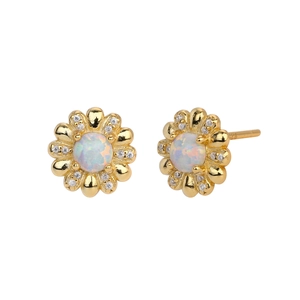 S925 Sterling Silber Gold Blumenohrstecker mit Opalzentrum und weißen Zirkonsteinen