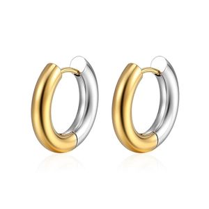Fashionable two-tone silver and gold round hoop earrings with minimalist metal finish
