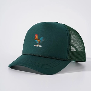 Dark green trucker hat with rooster print, mesh back and adjustable rope detail