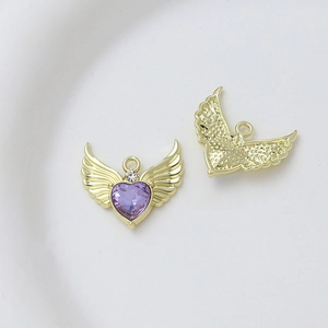 Detailed front and honeycomb back view of a gold angel wing pendant with purple heart stone