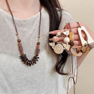 Wood Bead Woven Rattan Resin Geometric Round Pendant Necklace Bohemian Ethnic Style Sweater Chain For Women Natural Look