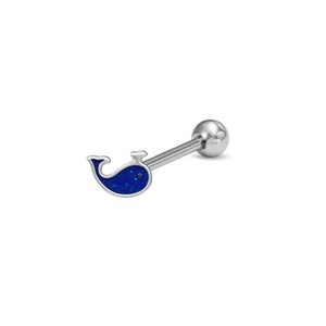Detailed view of stainless steel piercing stud featuring a blue glitter whale motif