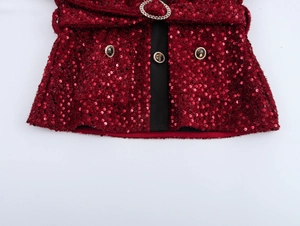 Dettaglio ravvicinato di tessuto con paillettes rosse con cintura e bottoni decorativi