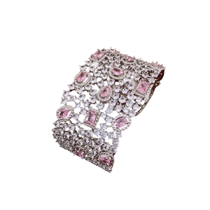 Sparkling zircon hollow wide open bangle with pink and white pear-cut gemstones