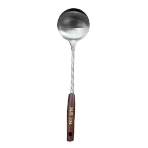 Polished SUS 304 stainless steel soup ladle with ergonomic vintage wooden handle