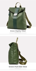 Detail view of a green woven leather backpack with silver metal buckle and side zipper