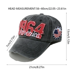 Detailed size chart for vintage charcoal gray washed cotton baseball cap with 1964 America embroidery