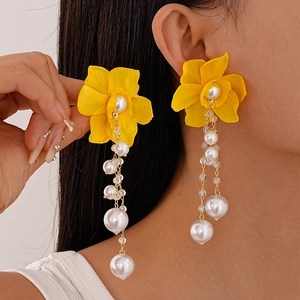 Yellow Fabric Flower Tassel Earrings With Faux Artificial Pearl And Silver Earring Post Handmade Sweet Resort Style For Women