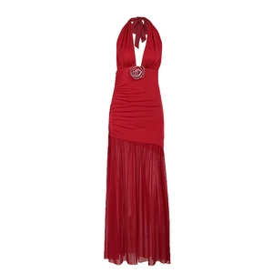 Elegant red halter neck maxi dress with rose detail and pleated chiffon hem