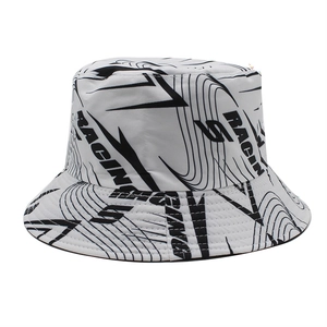 White street style bucket hat featuring black RACING text and dynamic racing graphics