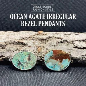 Conector De Colgante De Ágata Oceánica Natural Ovalado Irregular Bucles Dobles Borde Metálico Para Hacer Joyas De Bricolaje