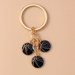 Detailed close-up of golden keychain with three small black enamel basketball charms