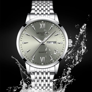 Luminous men's quartz watch with dual calendar display and waterproof silver band