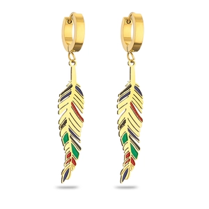 Bohemian gold feather drop earrings with colorful enamel eye details on white background