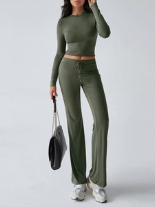 Army green Y2K casual sports set with slim long sleeve top and drawstring wide leg pants