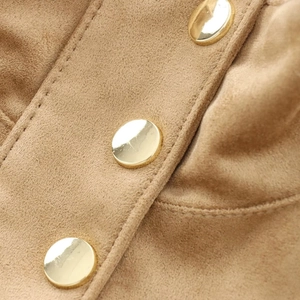 Chic khaki faux suede biker jacket featuring elegant gold metal button decorative details