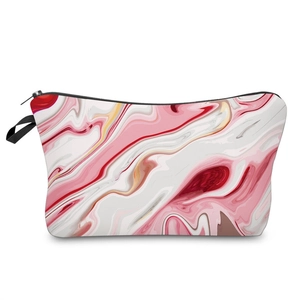 Pink and white marble print makeup bag with gold accents and black handle for travel