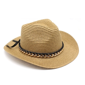 Sombrero de paja Panamá artesanal estilo cowboy con cadena dorada y cinta negra