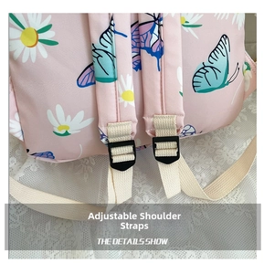 Detail of adjustable shoulder straps with plastic buckle on pink butterfly school backpack