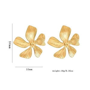 Polished gold flower earrings with radial texture and detailed size dimensions of 34mm