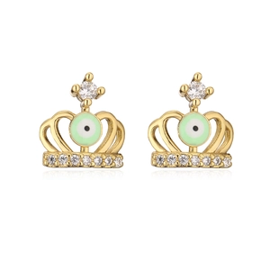 18K gold plated crown earrings with a green evil eye and sparkling zircons on white backdrop