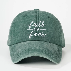 Vintage dark green washed cotton baseball cap with white faith OVER fear embroidery