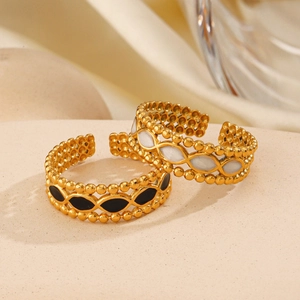 Beaded Edge Adjustable Ring 18K Gold Plated Stainless Steel Marquise Enamel Shell Inlay Retro Bohemian Jewelry For Women