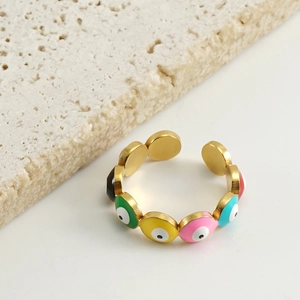18k gold plated stainless steel evil eye open ring with colorful enamel beads
