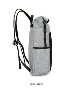 Side view of gray travel backpack with black mesh side pocket and adjustable straps