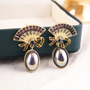 Vintage gold fan-shaped earrings with colorful crystals and grey pearl pendant