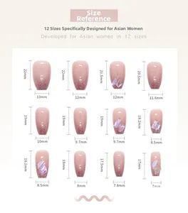 Size reference chart for short ballet press-on nails in 12 various dimensions and sizes