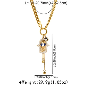 Spécifications de taille du collier main de Hamsa dorée avec œil bleu et zircons brillants