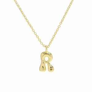 Polished gold plated bubble initial R letter necklace with minimalist fine chain link