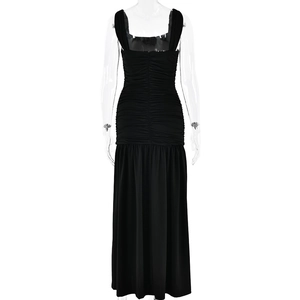 Detailed front view of black square neck long dress with elegant ruching and side slit