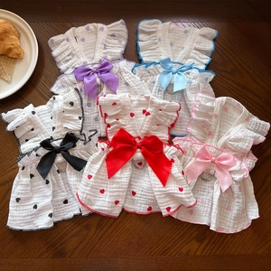 Dog and cat cotton gauze heart print dresses with bowknots and D-rings in 5 colors