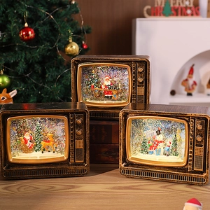 Vintage TV Christmas music box with snow effect and LED light decoration