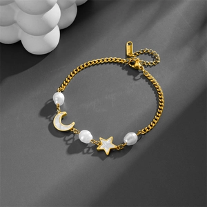 Titanium steel gold chain bracelet with star moon charms and white mother of pearl