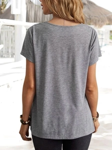 Back view of a casual grey short-sleeve T-shirt featuring soft knit cotton material