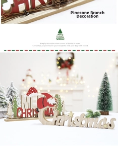 Close-up of wooden Merry Christmas sign with pine cones and a Santa Claus figurine