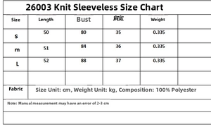 Detailed size guide for the sleeveless knit top with chest, length, and shoulder measurements
