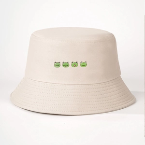 Fashionable beige cotton bucket hat for men and women featuring cute frog embroidery