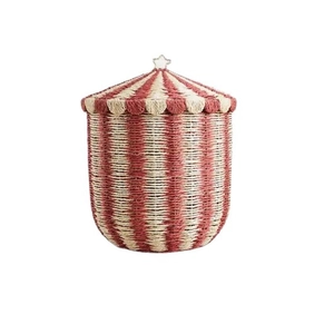 Handwoven circus tent storage basket with red and white rope stripes and star handle